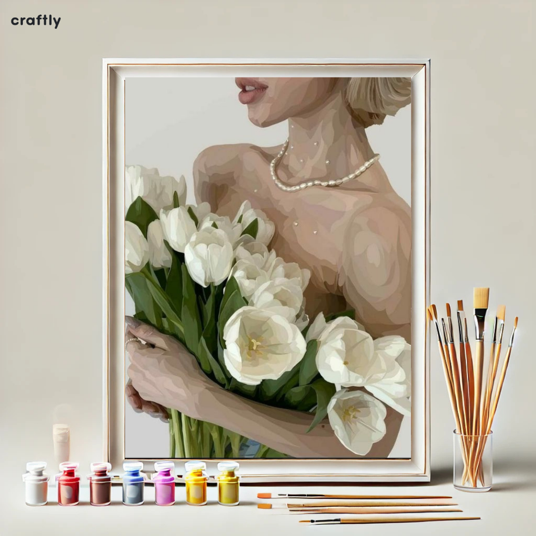 צביעה לפי מספרים - ציור אישה עם זר פרחי טוליפים לבנים