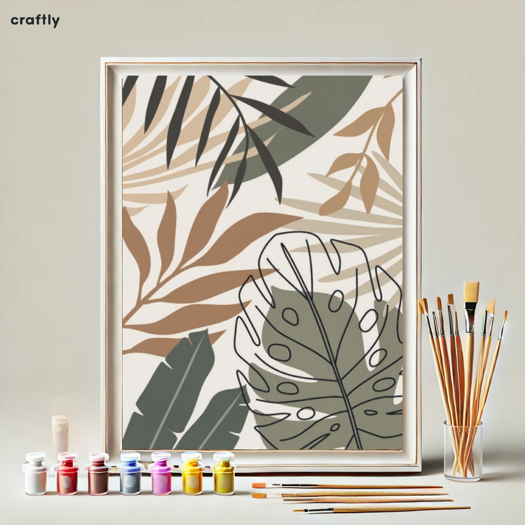 צביעה לפי מספרים - ציור דפוס עלים טבעי בגווני אדמה