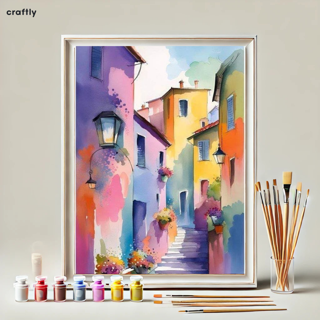 צביעה לפי מספרים - ציור עיירה צבעונית באווירה קסומה