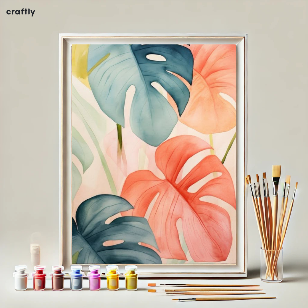 צביעה לפי מספרים - עלי מונסטרה בצבעי מים