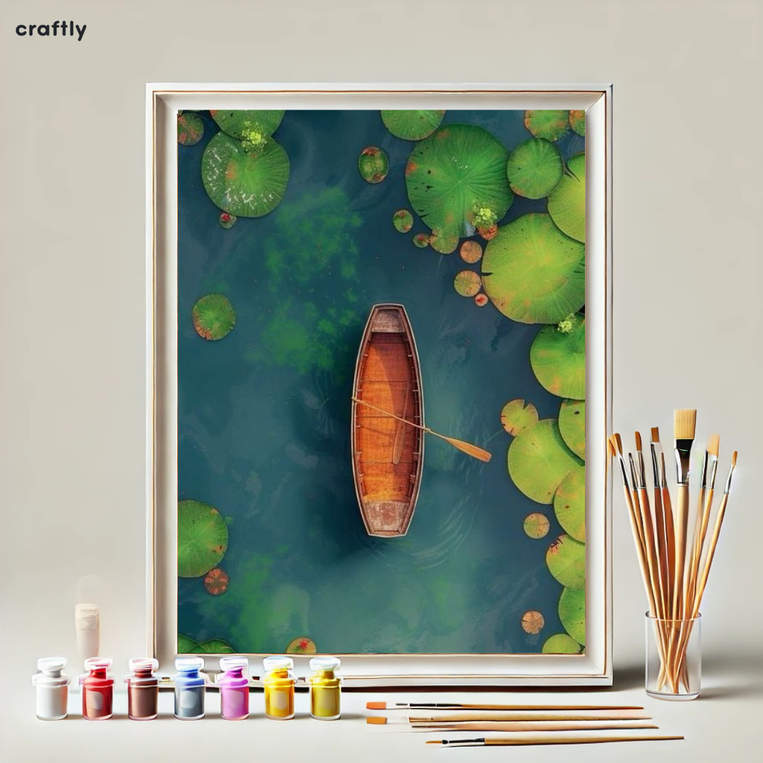 צביעה לפי מספרים - ציור סירה בנהר עם עלי לוטוס