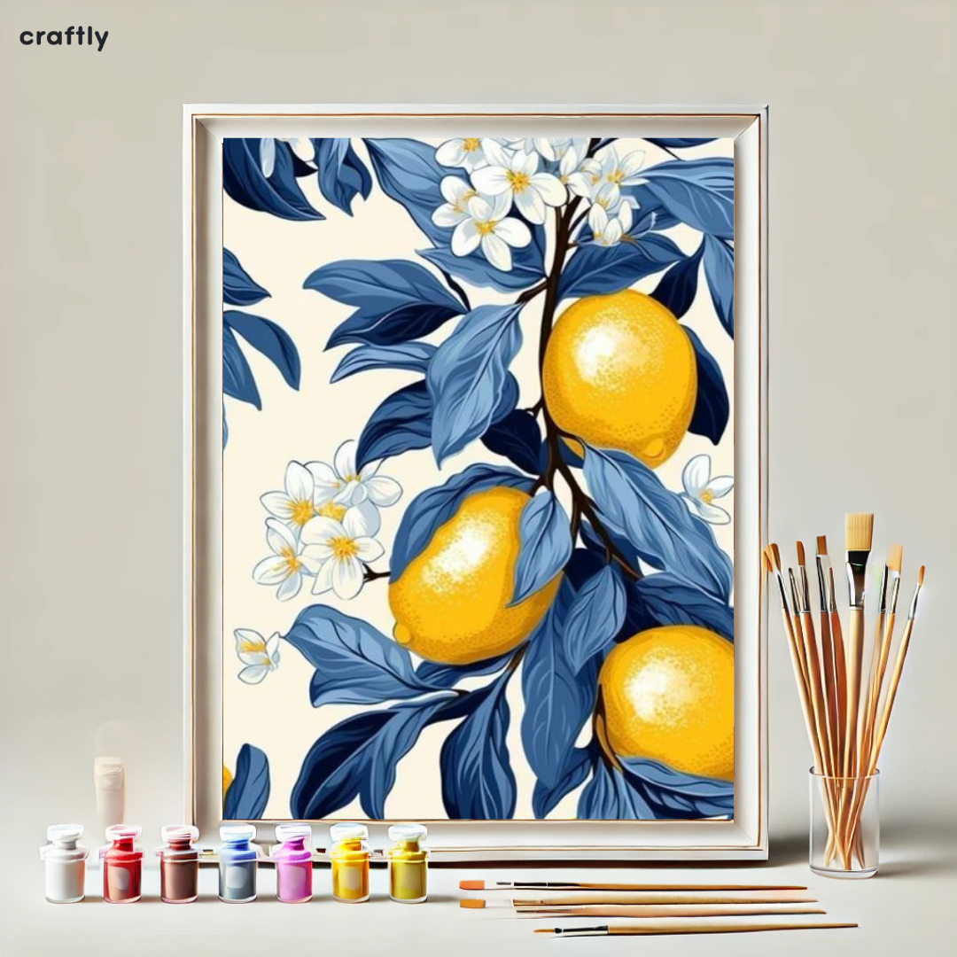 צביעה לפי מספרים - ציור לימונים ופרחים בכחול-לבן