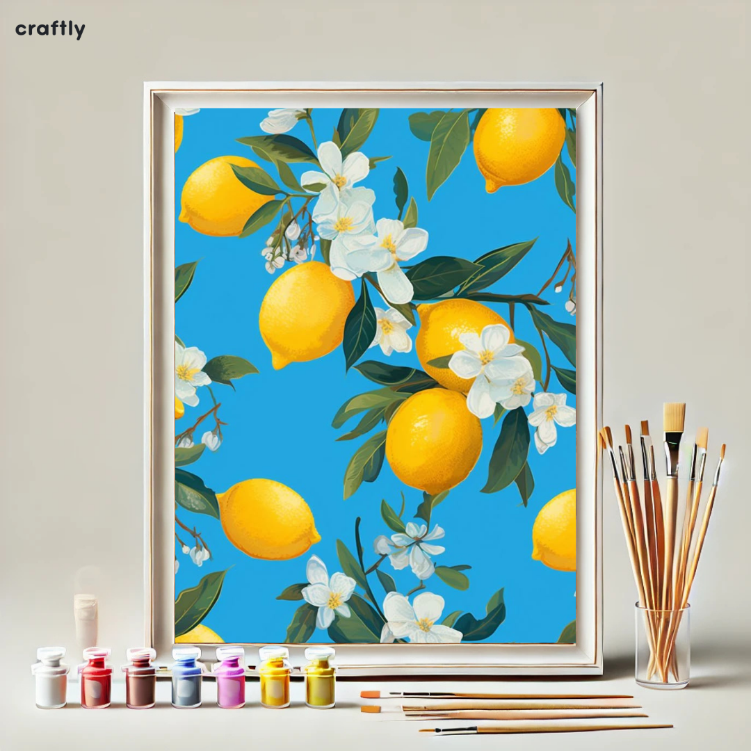 צביעה לפי מספרים - ציור לימונים על רקע כחול