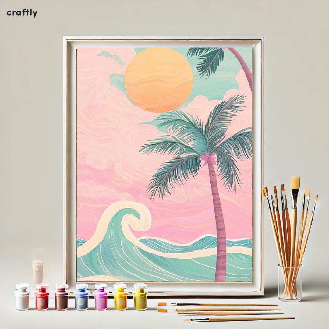 צביעה לפי מספרים - ציור נוף טרופי עם עצי דקל