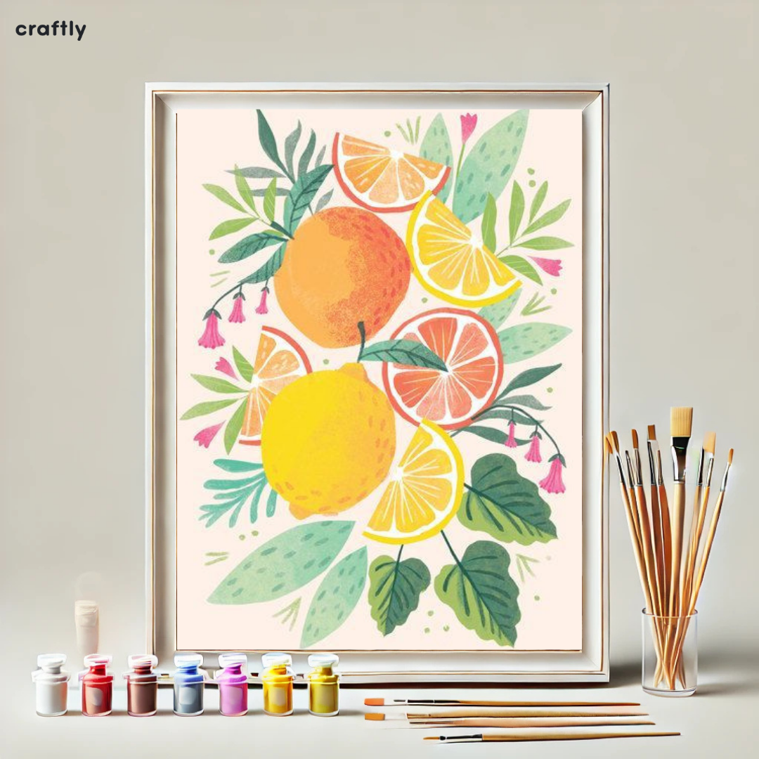 צביעה לפי מספרים - ציור טבע דומם עם פירות הדר