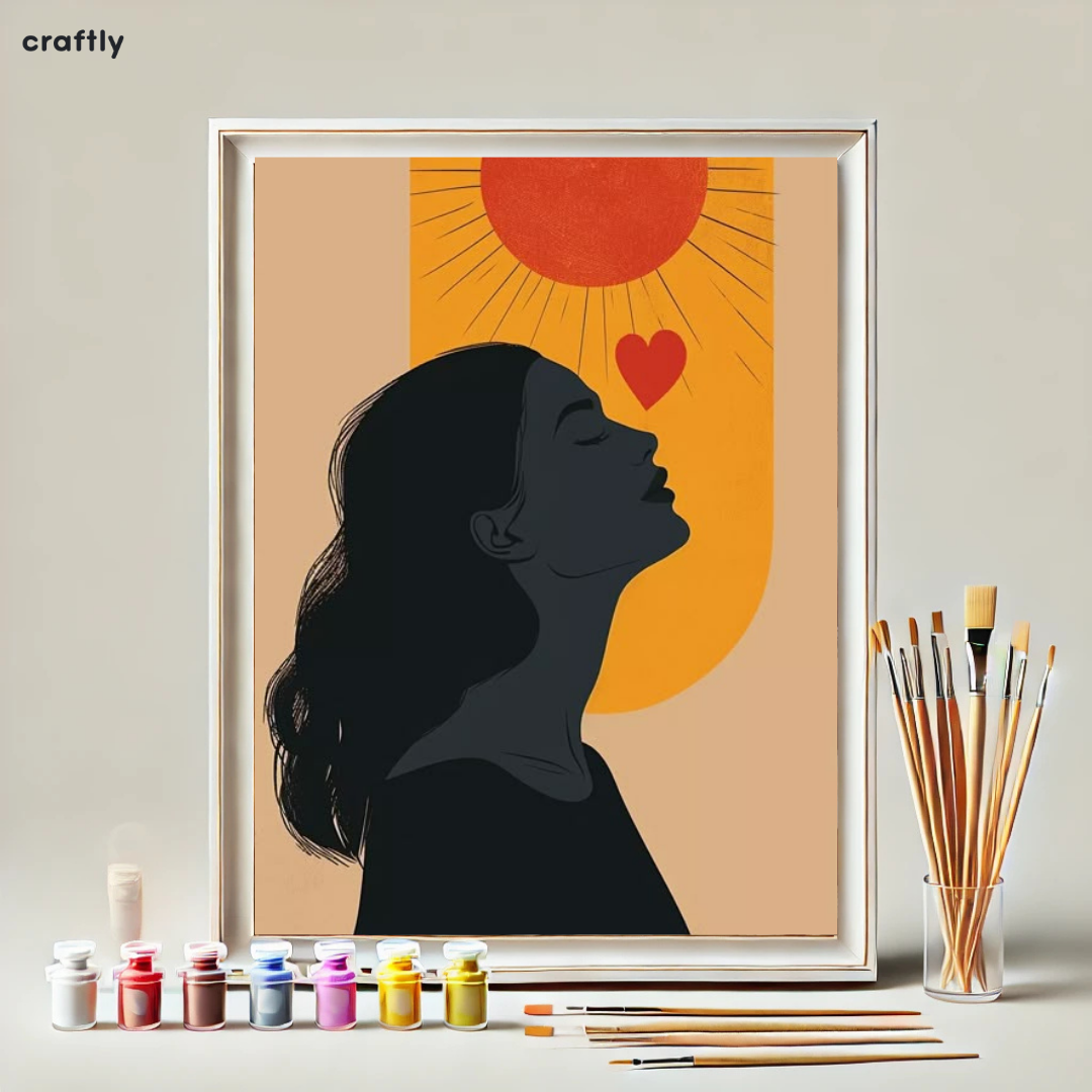 צביעה לפי מספרים - ציור פורטרט נשי עם שמש ולב