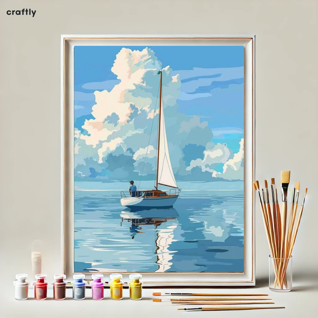 צביעה לפי מספרים - ציור סירת מפרש בים רגוע