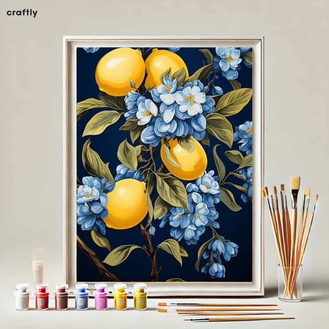 צביעה לפי מספרים - לימונים ופרחים כחולים