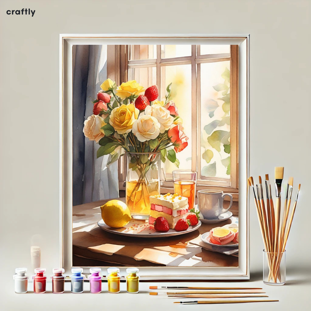 צביעה לפי מספרים - ציור ארוחת בוקר עם פרחים וקינוחים