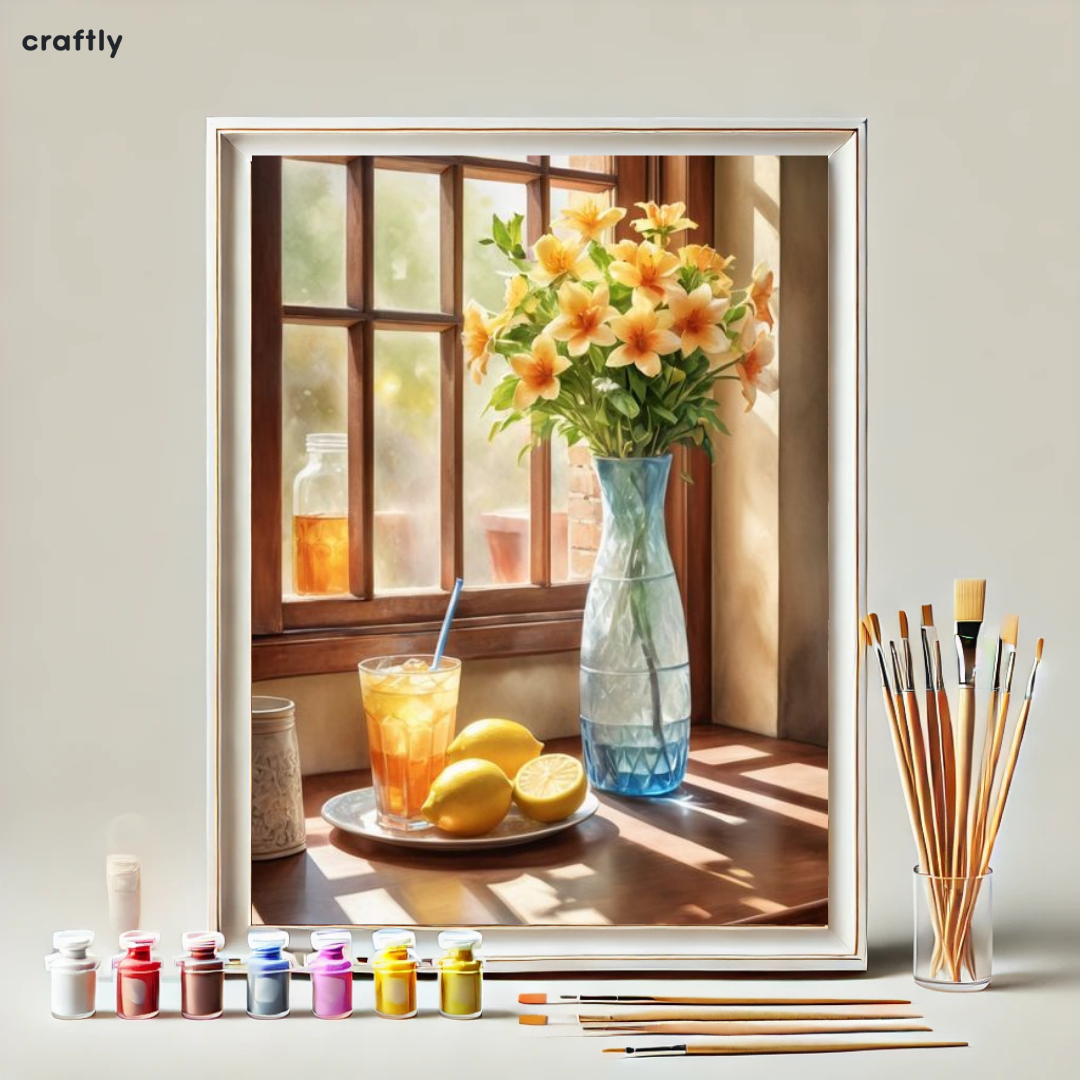 צביעה לפי מספרים - ציור של פרחים על שולחן ליד חלון