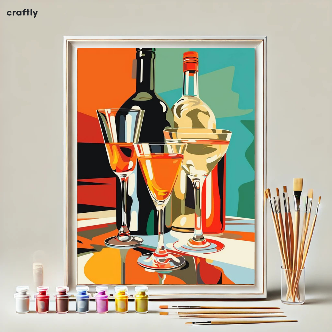 צביעה לפי מספרים - ציור של בקבוקי אלכוהול וכוסות צבעוניות