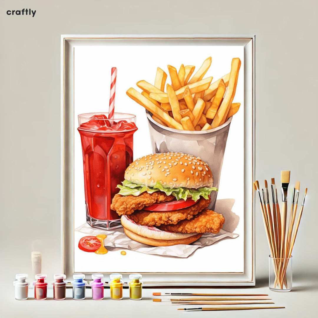 צביעה לפי מספרים - ציור המבורגר עם צ'יפס