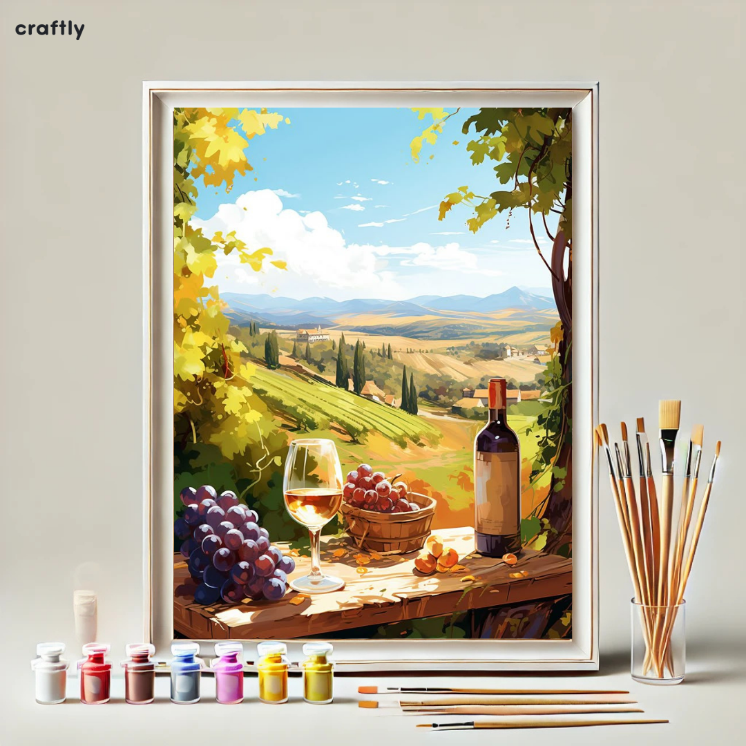 צביעה לפי מספרים - ציור נוף יקב עם יין וענבים