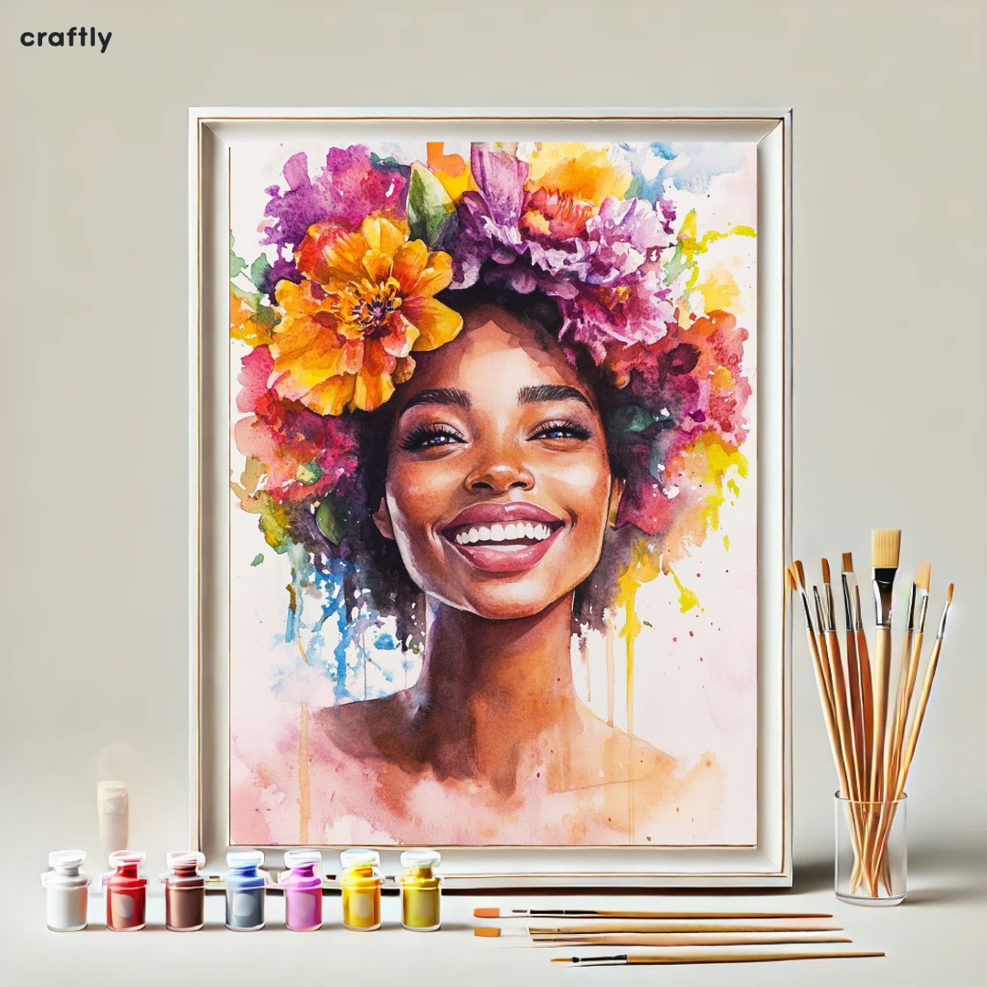 צביעה לפי מספרים - ציור אישה עם פרחים בשיער