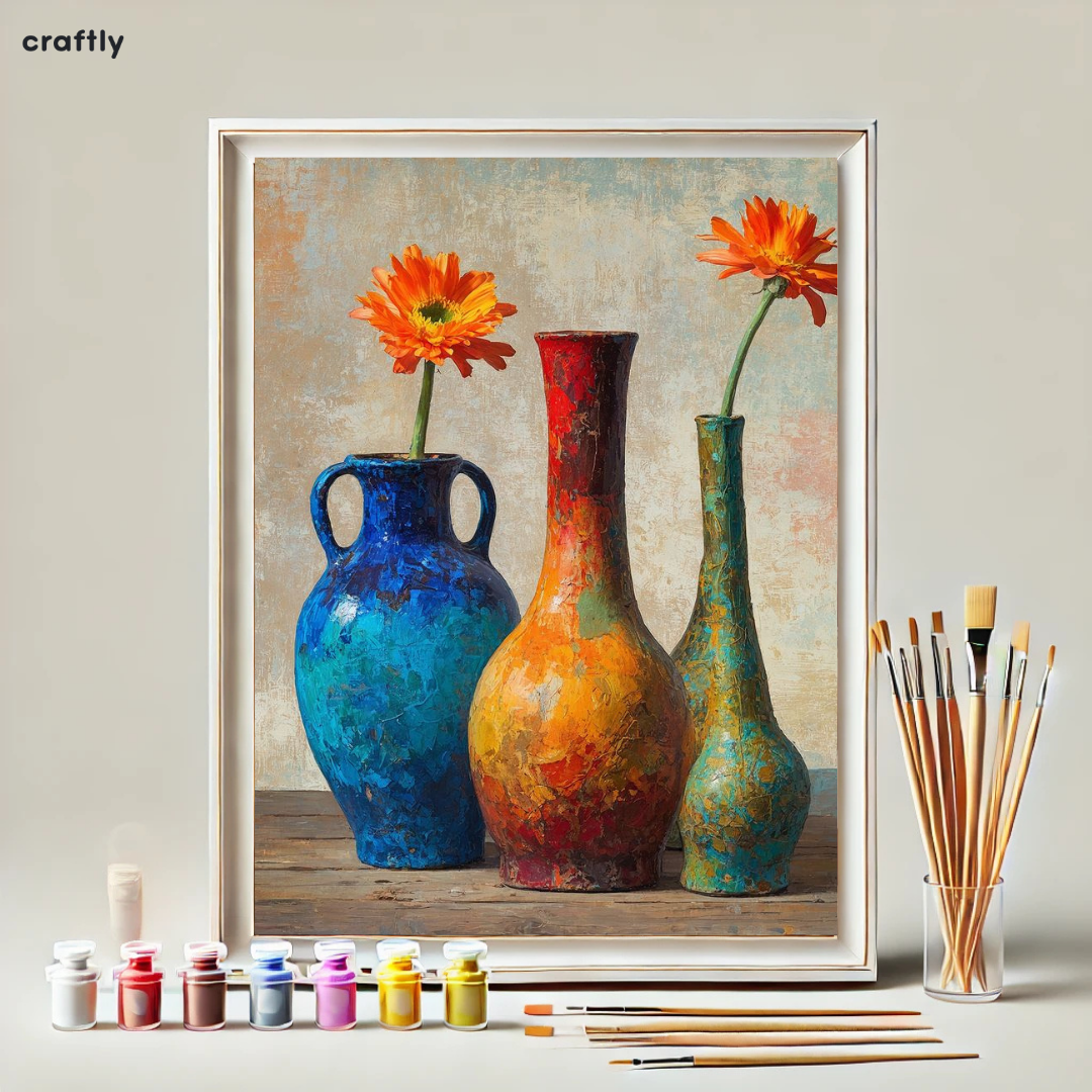 צביעה לפי מספרים - ציור כלי חרס עם פרחים