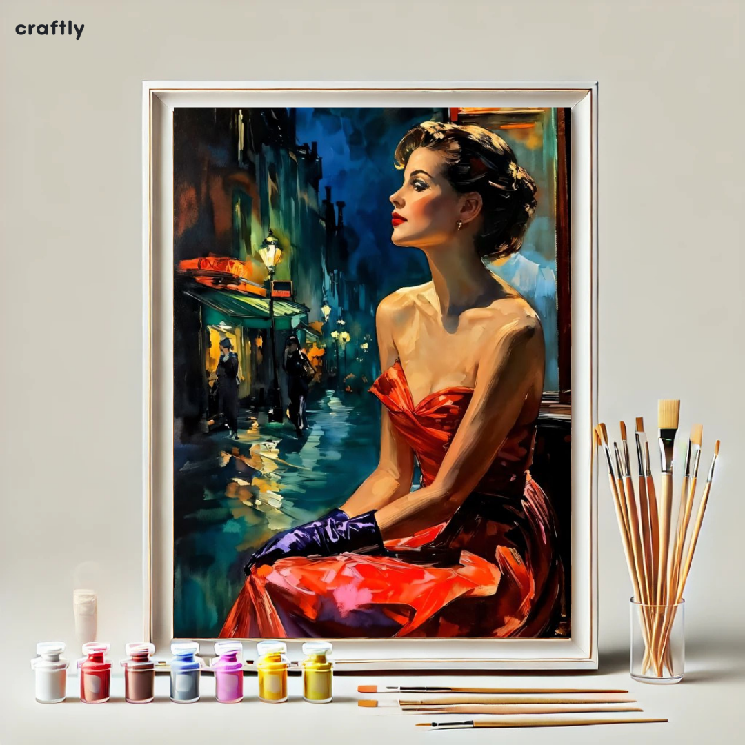 צביעה לפי מספרים - ציור אישה בשמלת ערב אדומה