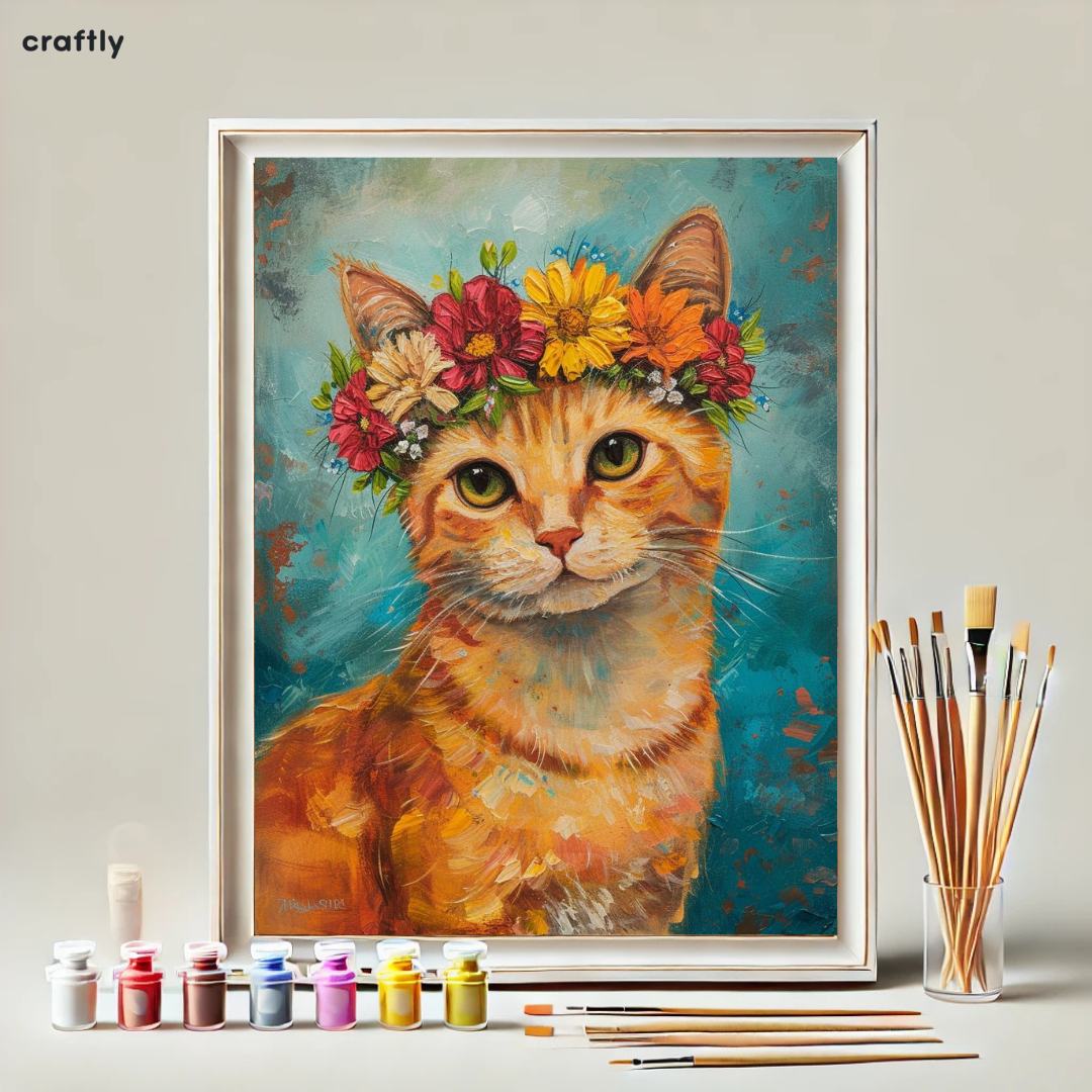 צביעה לפי מספרים - ציור חתול עם זר פרחים