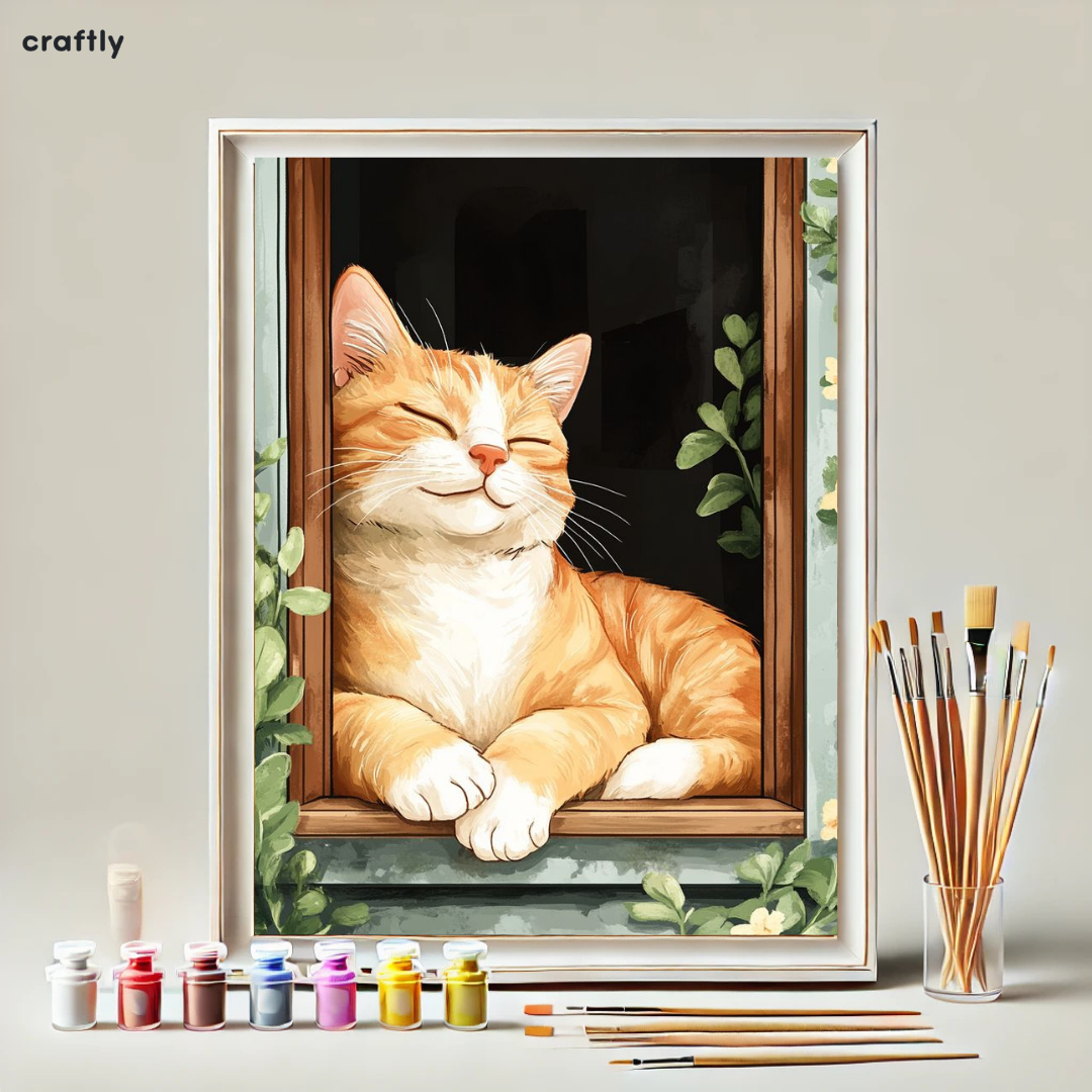 צביעה לפי מספרים - ציור שמחת חתול במרפסת