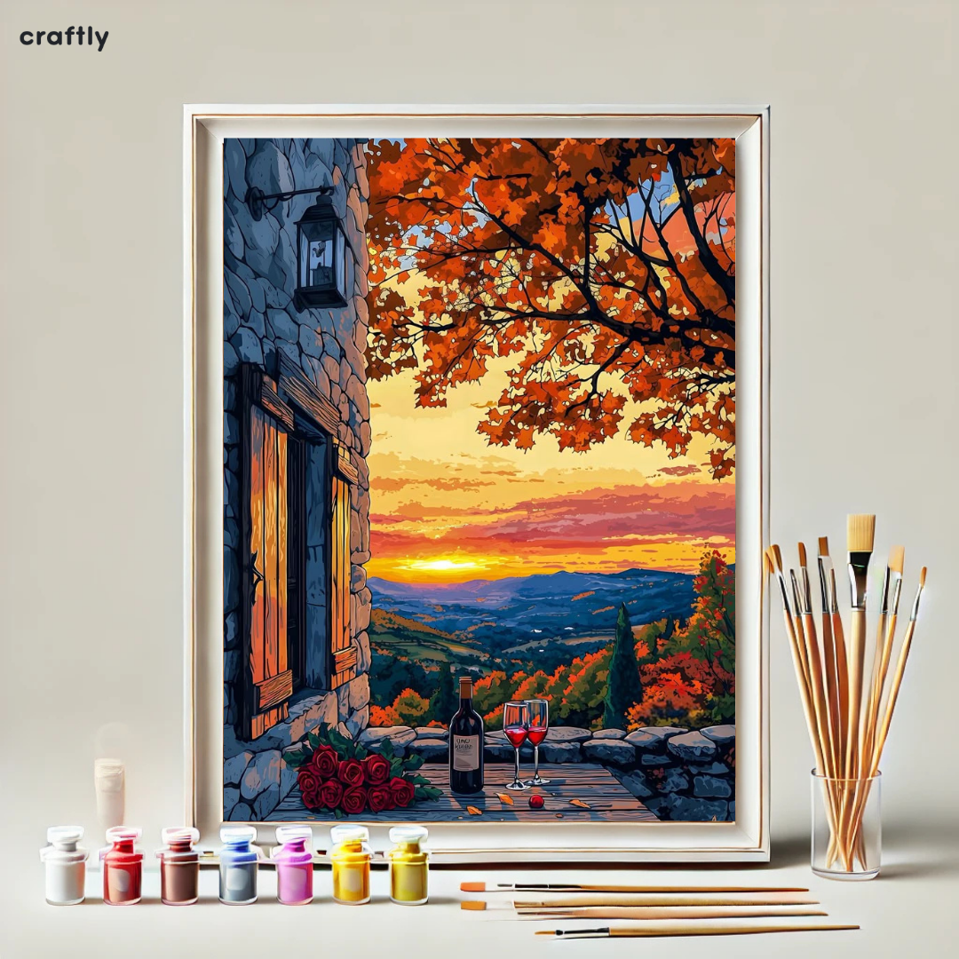 צביעה לפי מספרים - ציור נוף כפרי ויין