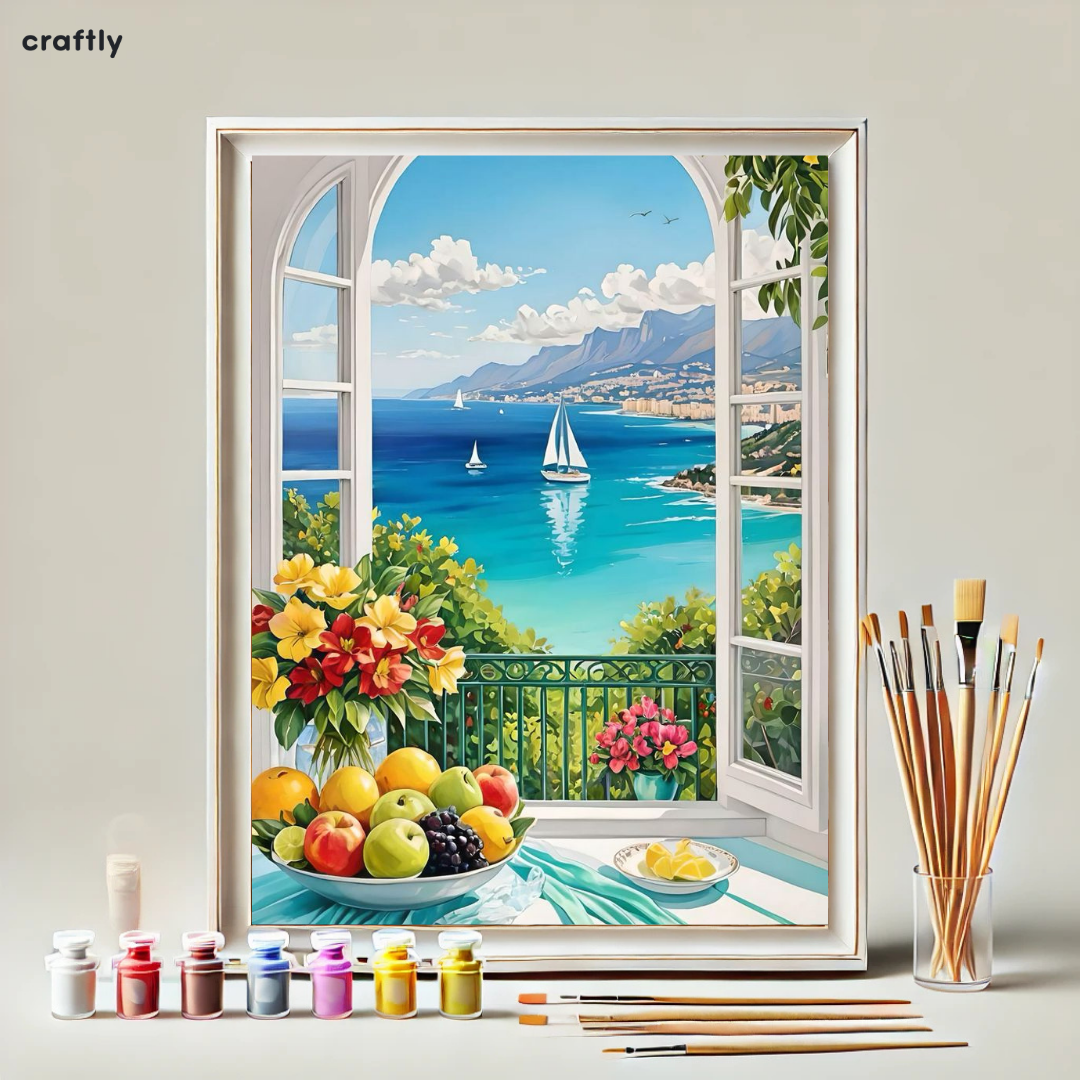 צביעה לפי מספרים - ציור נוף חלון לים