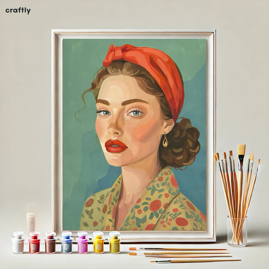 צביעה לפי מספרים - ציור אישה עם בנדנה אדומה