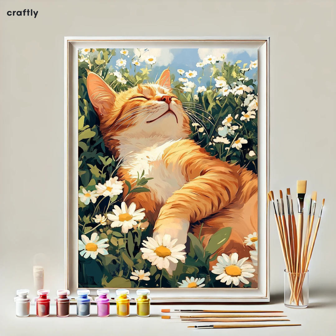 צביעה לפי מספרים - ציור חתול מנמנם בפרחים
