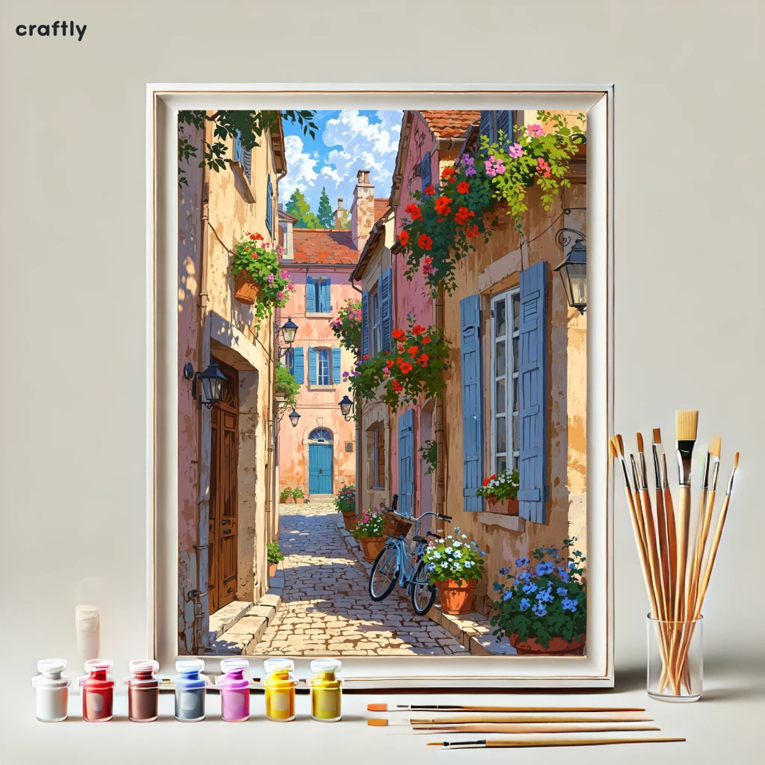 צביעה לפי מספרים - ציור סמטת פרחים באירופה