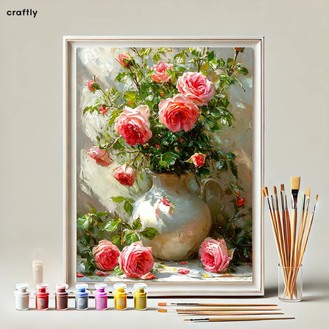 צביעה לפי מספרים - ציור אגרטל ורדים ורודים