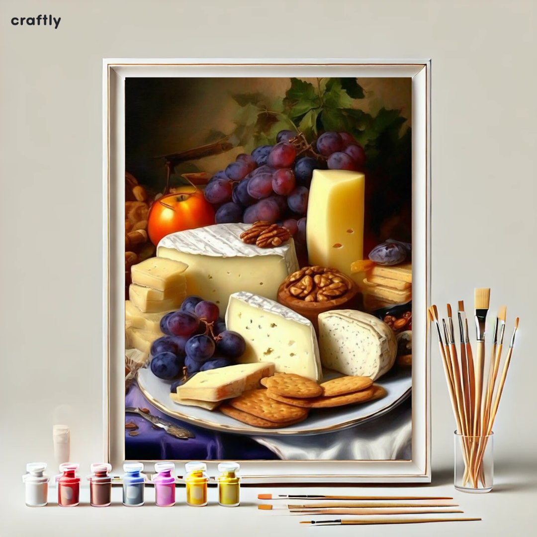 צביעה לפי מספרים - ציור פלטת גבינות ויין