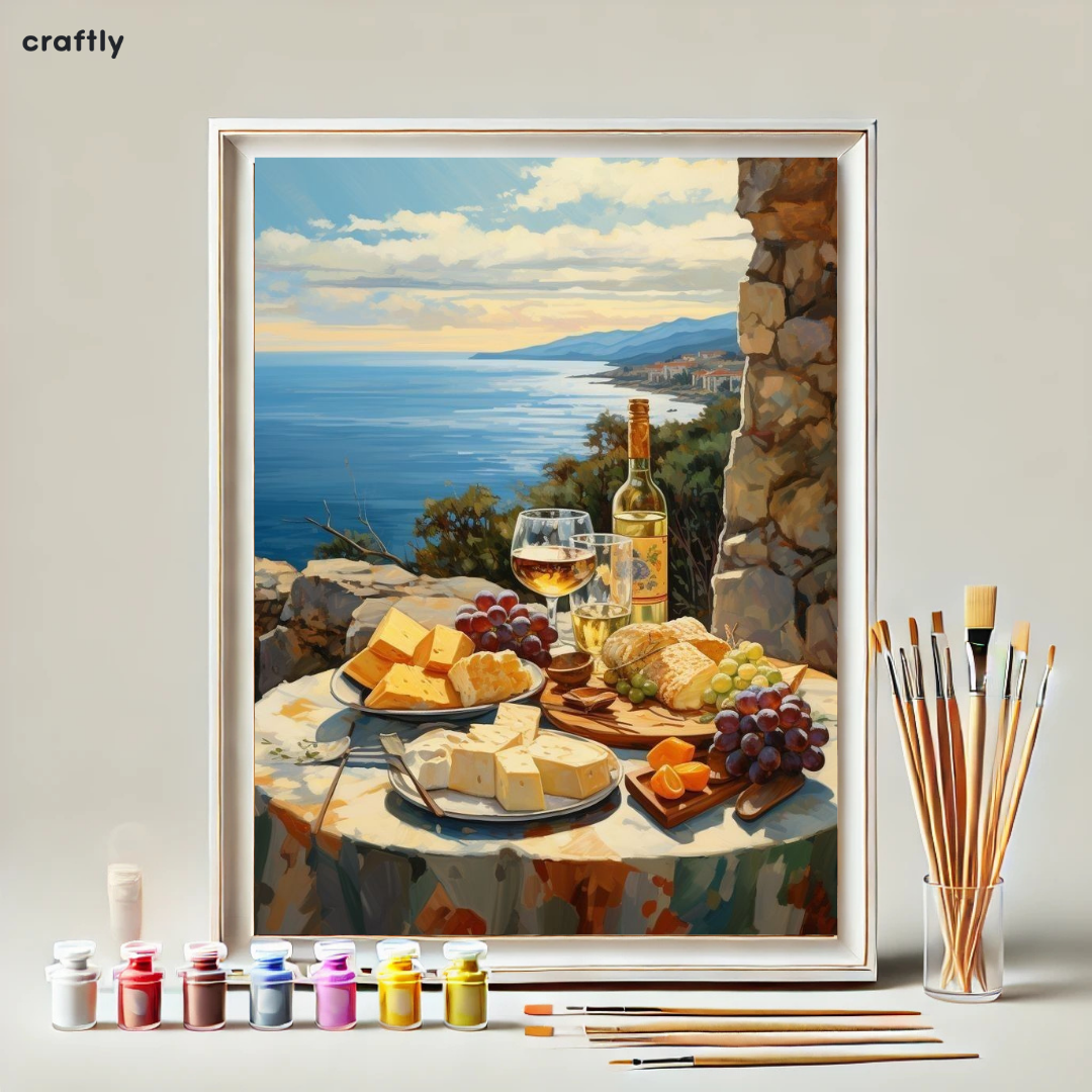 צביעה לפי מספרים - ציור ארוחת גבינות מול הים