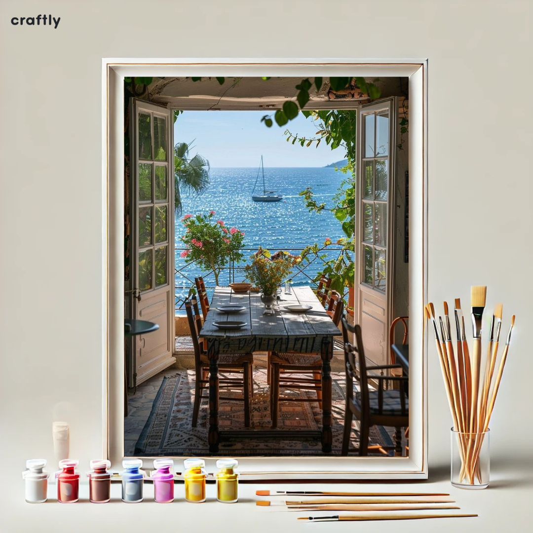 צביעה לפי מספרים - ציור מרפסת אל הים