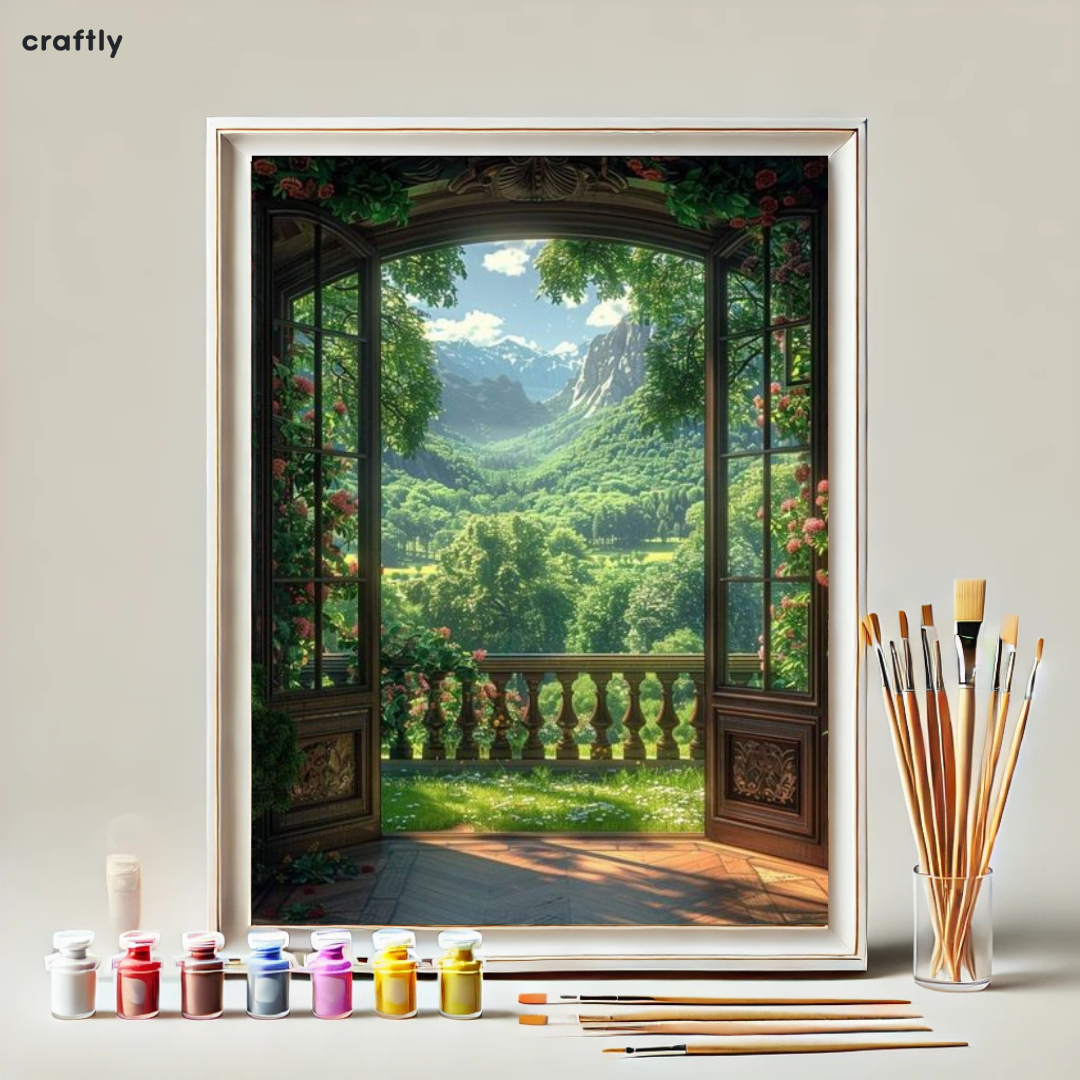 צביעה לפי מספרים - ציור נוף חלון להרים