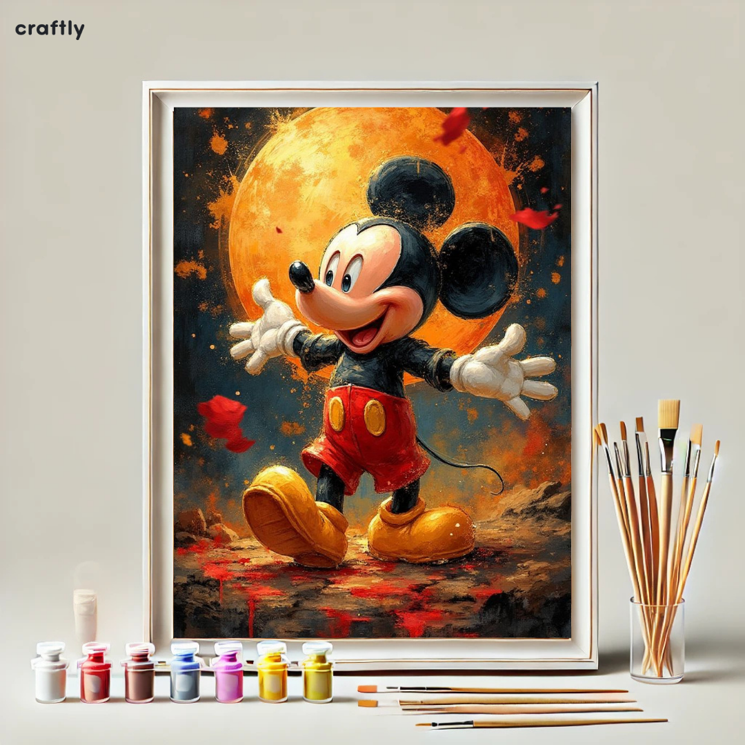צביעה לפי מספרים - ציור מיקי מול ירח כתום