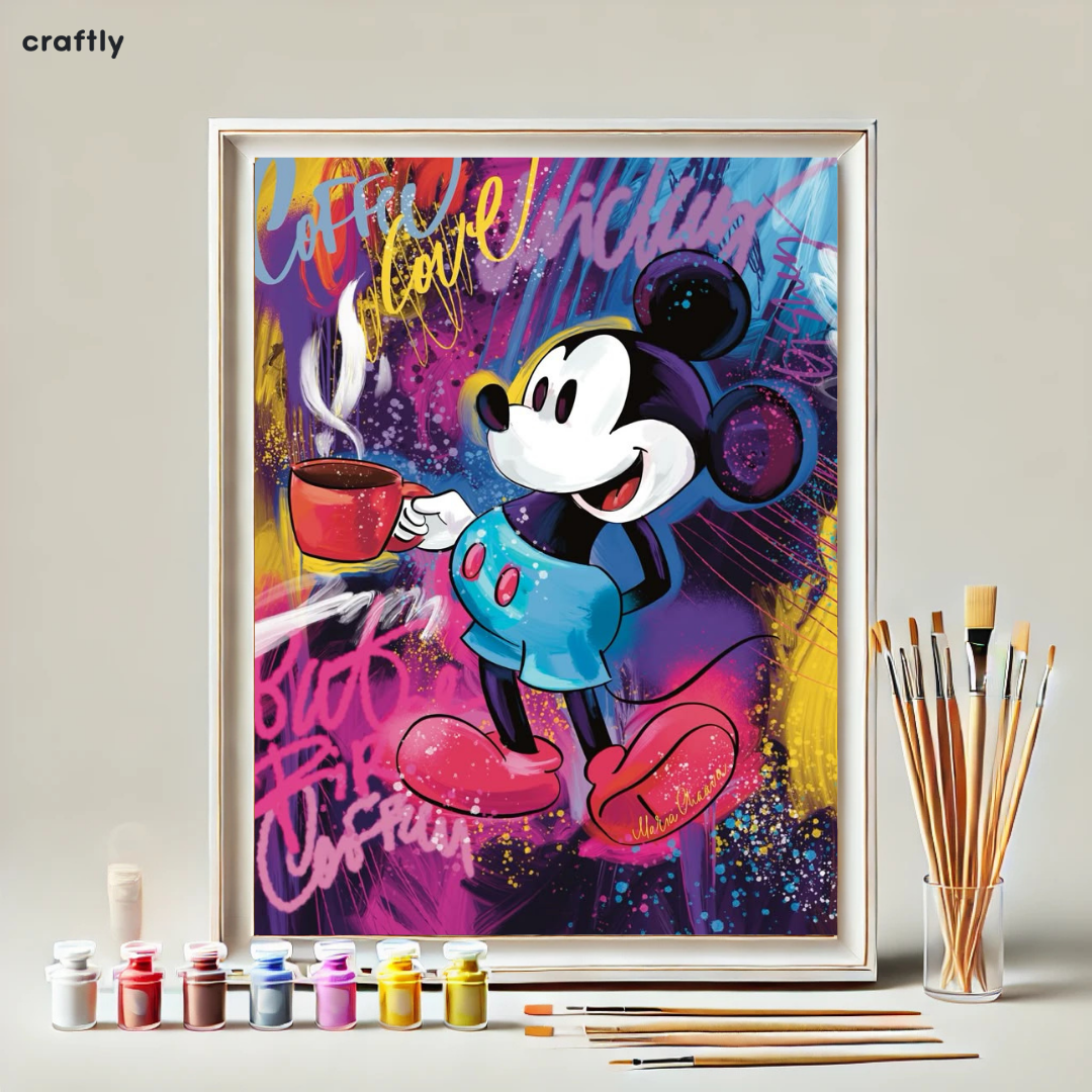 צביעה לפי מספרים - ציור מיקי מאוס עם קפה