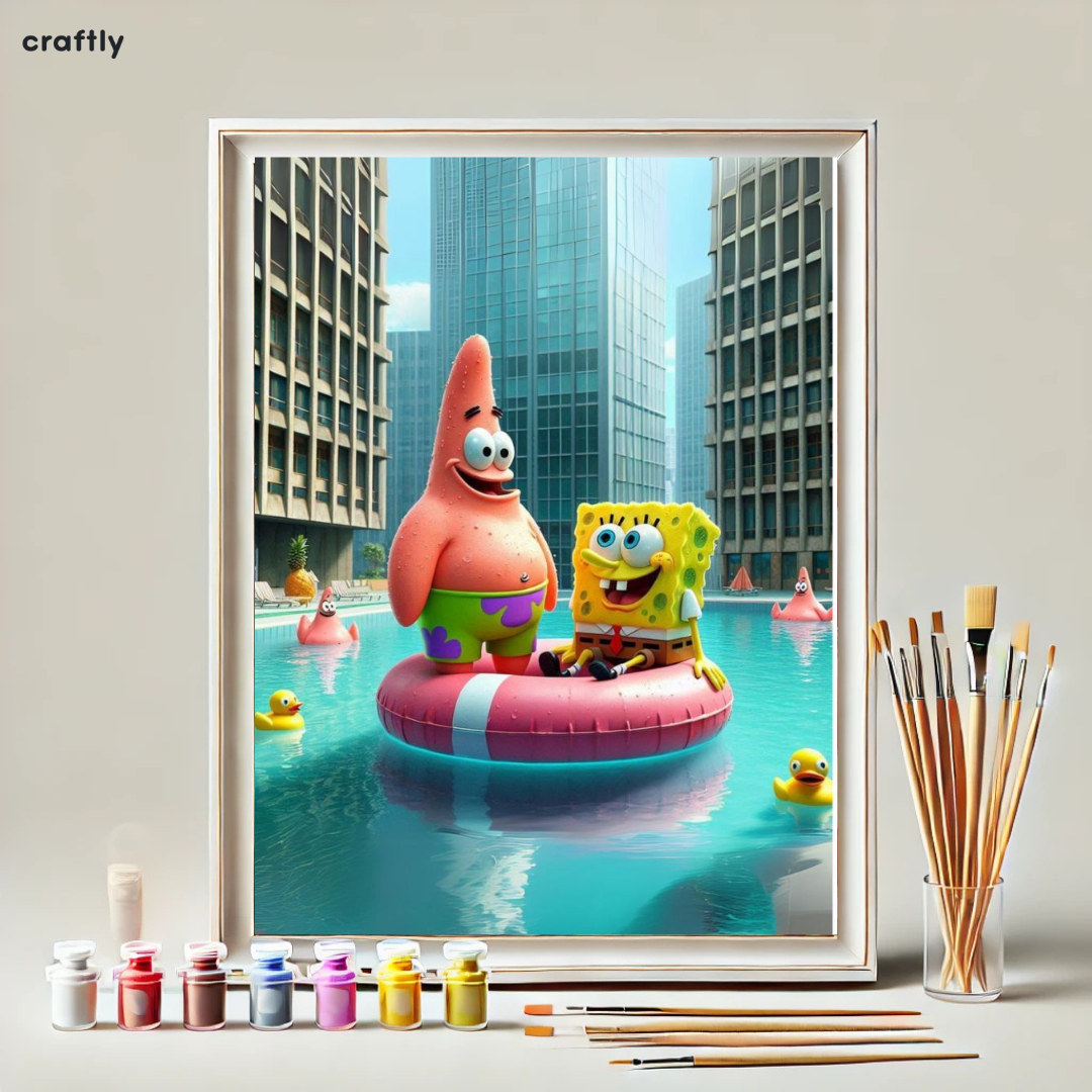 צביעה לפי מספרים - ציור בובספוג ופטריק בבריכה