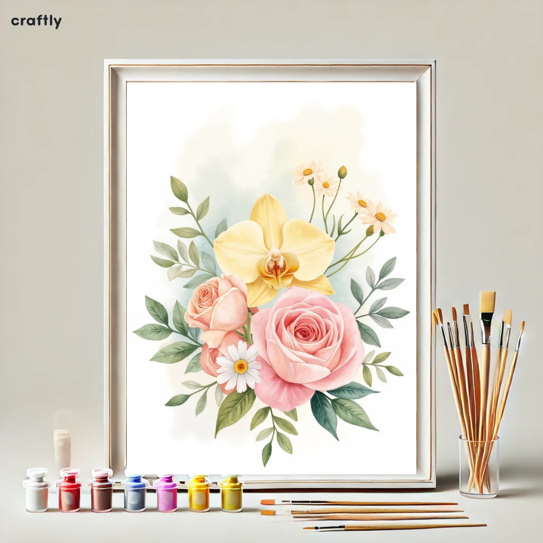 צביעה לפי מספרים - ציור זר פרחים רומנטי