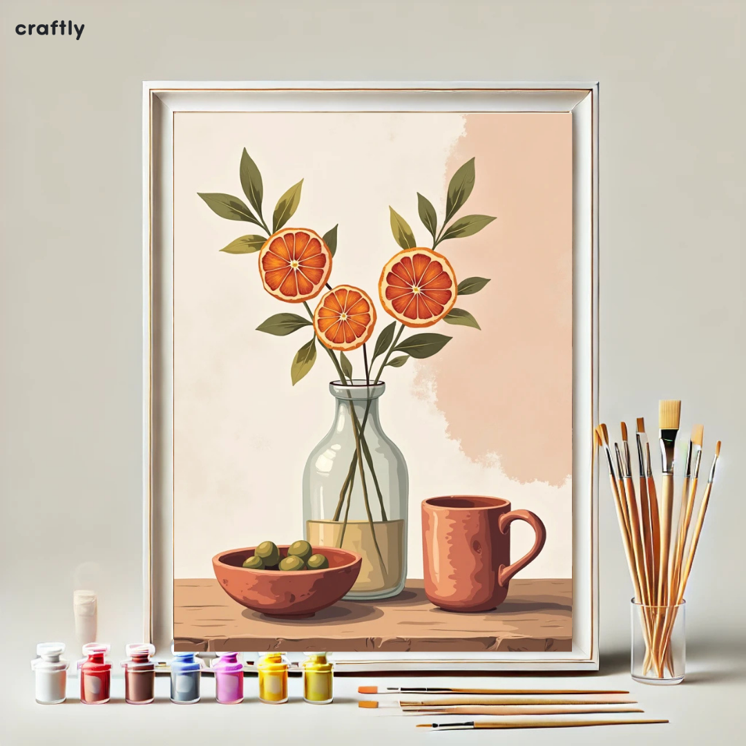 צביעה לפי מספרים - ציור תפוזים באגרטל