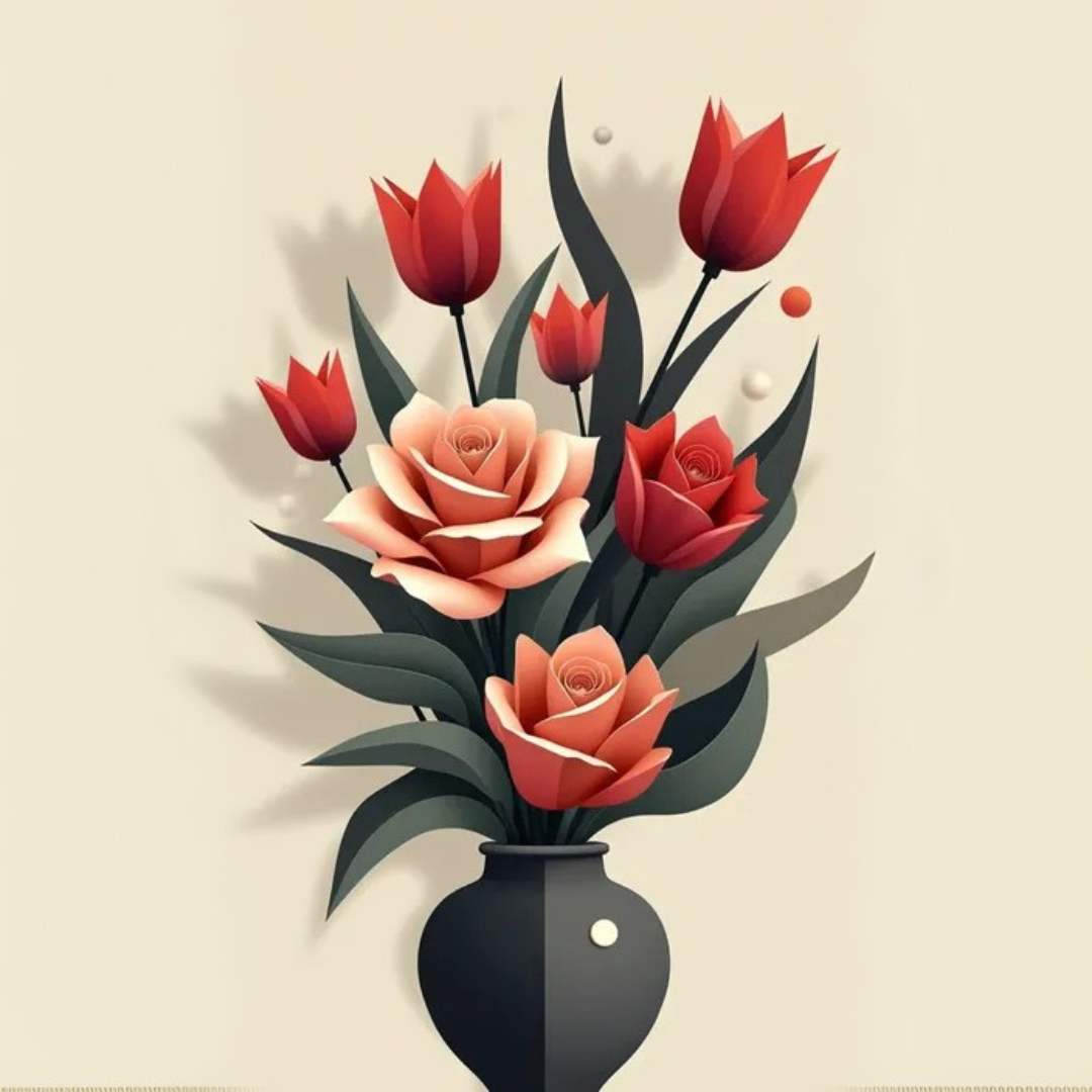 צביעה לפי מספרים - ציור זר אדום באגרטל שחור