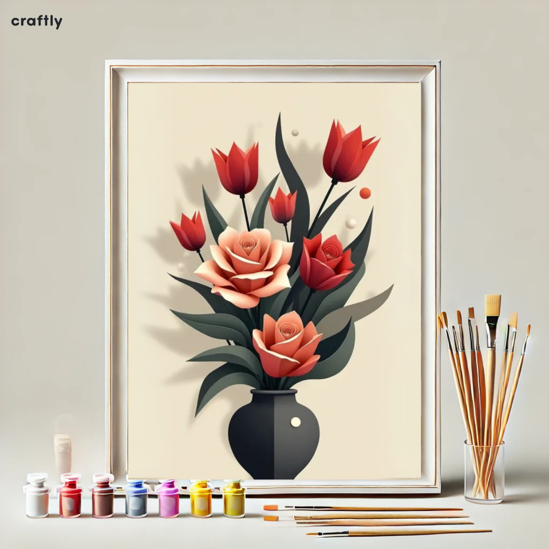 צביעה לפי מספרים - ציור זר אדום באגרטל שחור