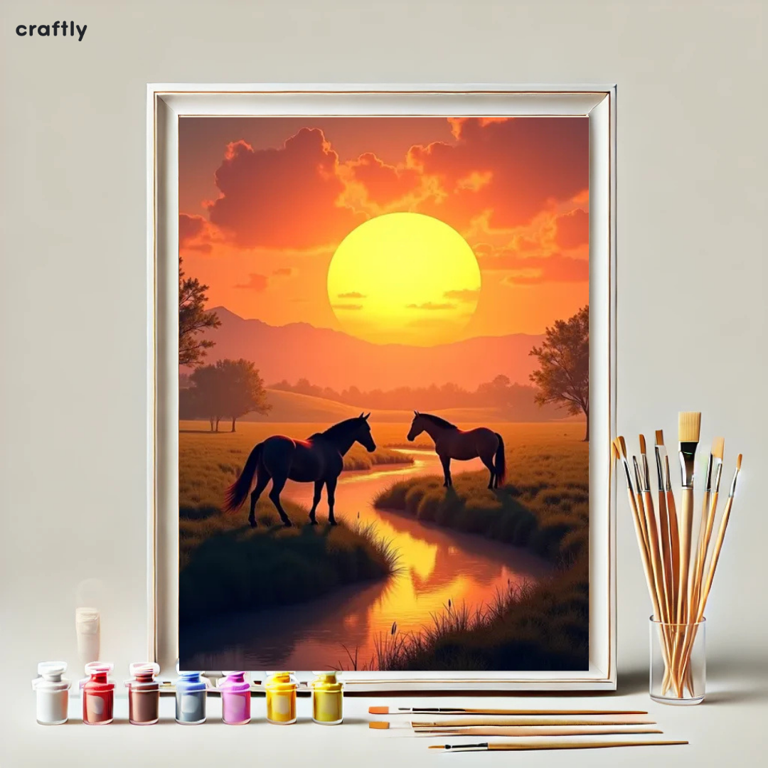 צביעה לפי מספרים - ציור סוסים מול שקיעה