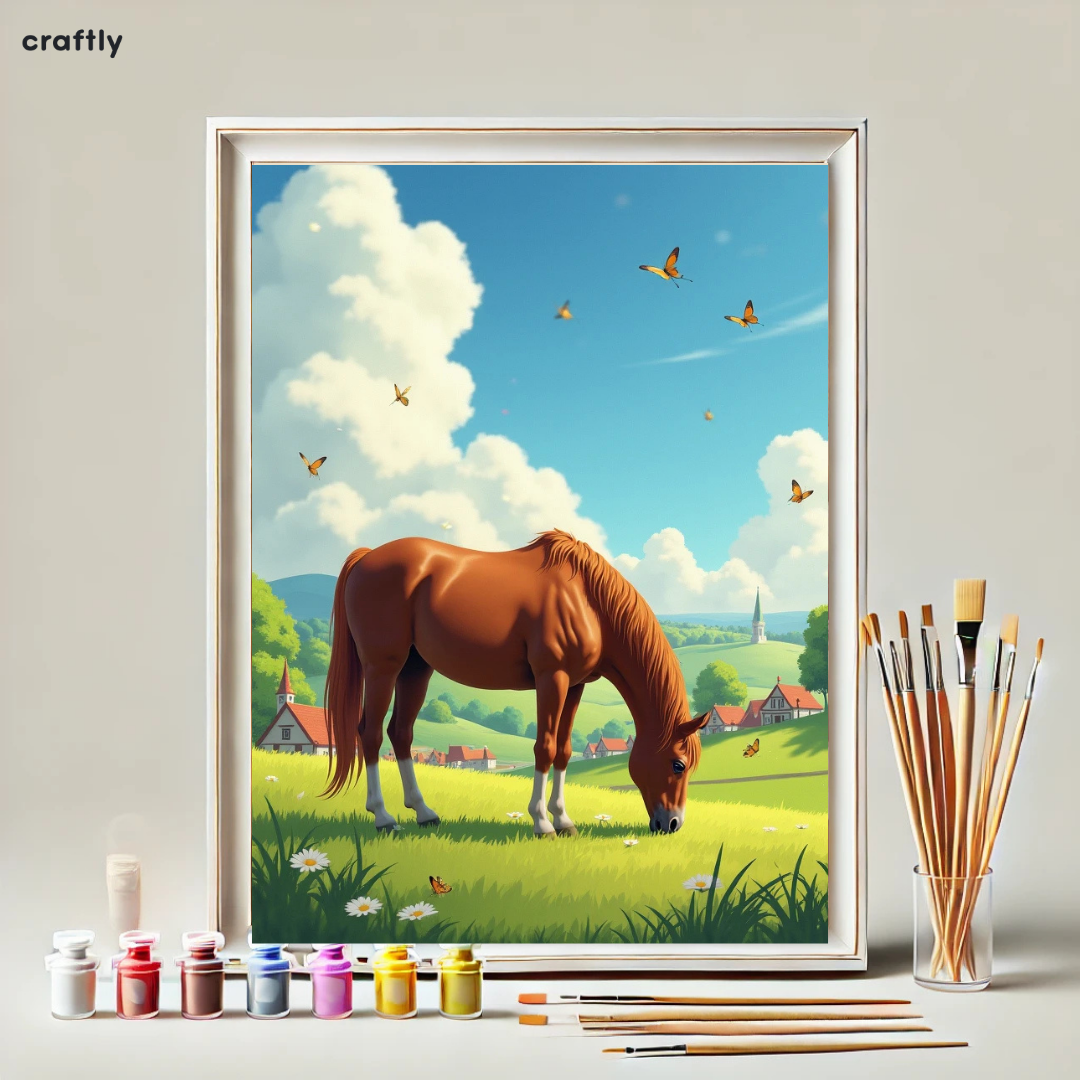 צביעה לפי מספרים - ציור סוס בשדה פרחים