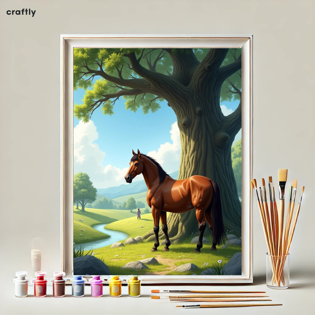 צביעה לפי מספרים - ציור סוס ליד עץ עתיק