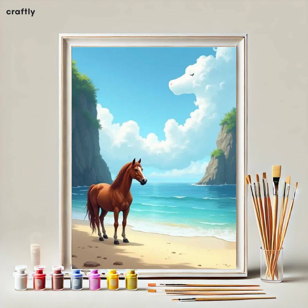 צביעה לפי מספרים - ציור סוס בחוף קסום