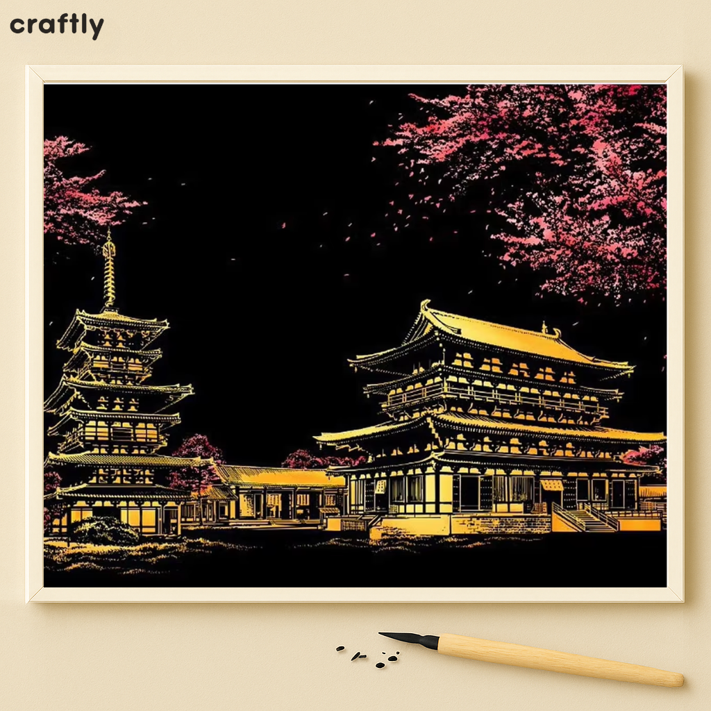 דפי גירוד קסם – מקדש יפני ועצי סאקורה