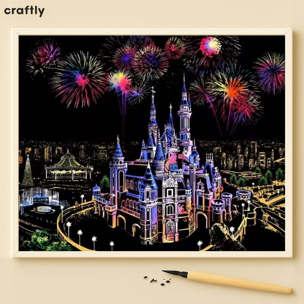 דפי גירוד קסם – טירת הפנטזיה עם זיקוקים