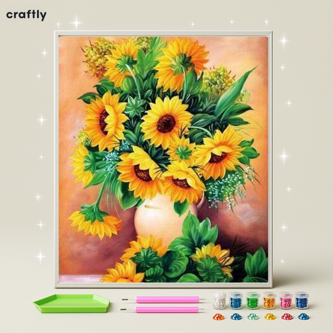 ציור יהלומים - זר חמניות גדול באגרטל