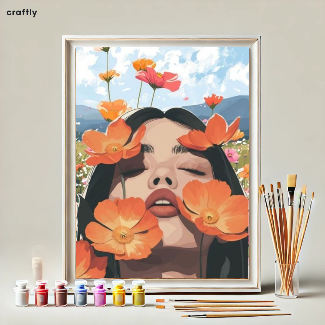 צביעה לפי מספרים - פורטרט עם פרחים כתומים