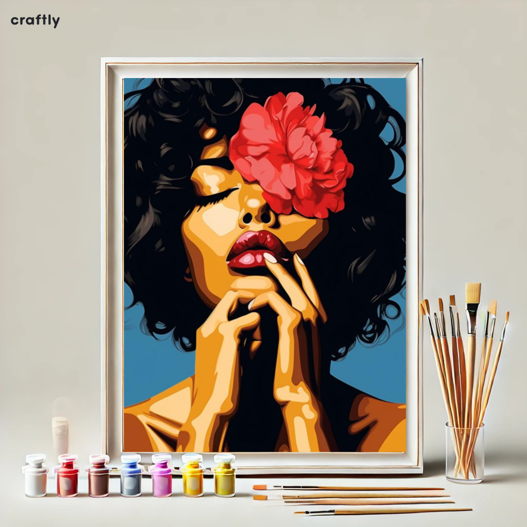 צביעה לפי מספרים - ציור אישה עם פרח אדום