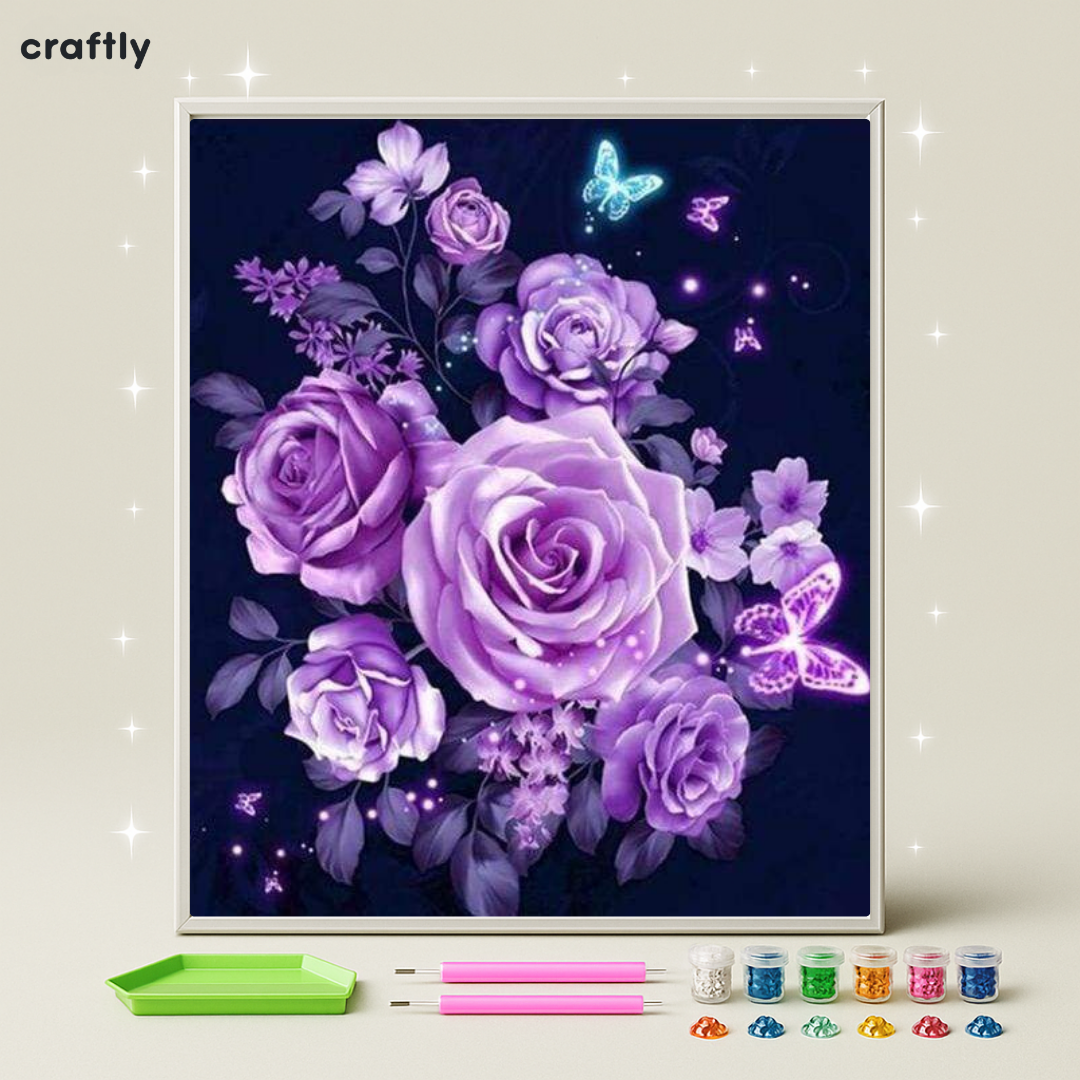 ציור יהלומים - זר פרחים סגול עם פרפרים זוהרים