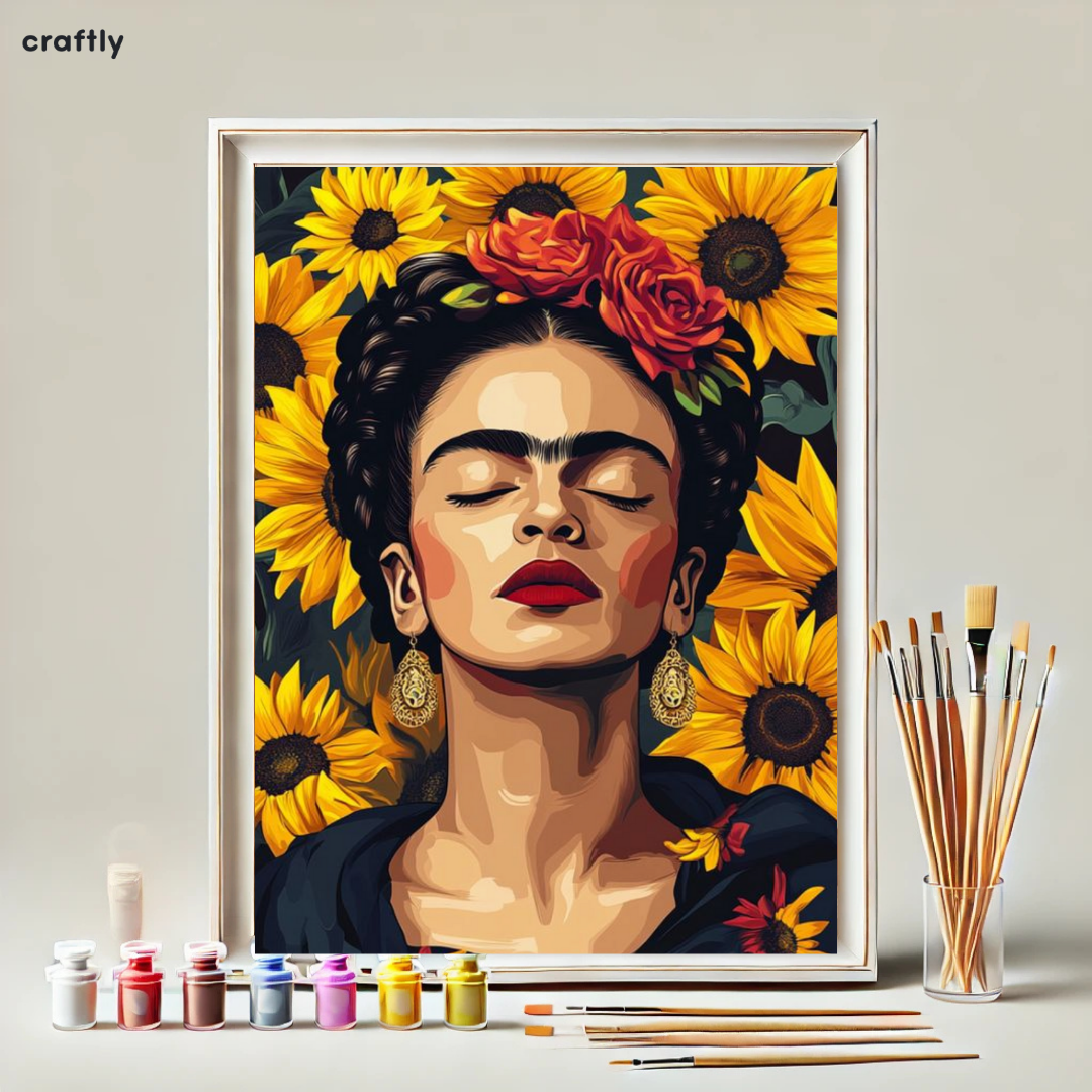 צביעה לפי מספרים - ציור פרידה קאלו עם חמניות